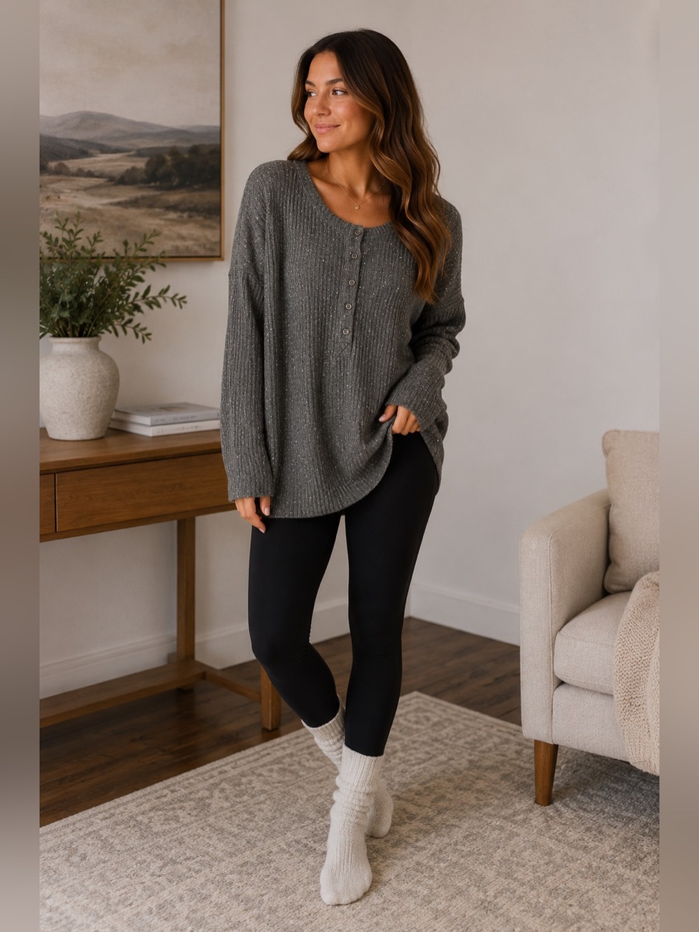 Old Navy Long Tunic Style Charcoal Soft Brushed Thermal Longsleeve Henley Small